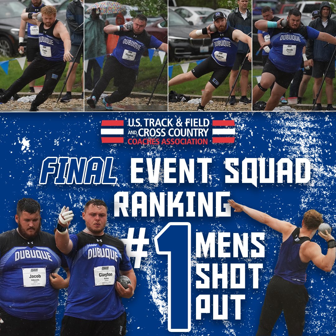 UDTFXC's tweet photo. 💣 BIG BOMB SWEEP 🧹 

Collier, Hahn, Hoffman, and Edwards rank #1️⃣ in the final @ustfccca #EventSquad rankings for Men’s Shot Put.

The squad SWEPT the indoor and outdoor final rankings.

#UDTFXCompete https://t.co/gpPVCm02lP