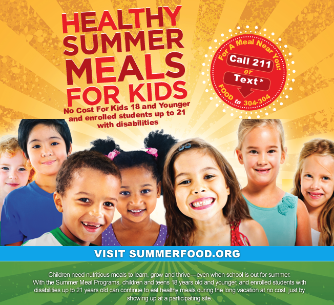 The Texas Department of Agriculture offers FREE summer meals for children beginning June 1! Call 2-1-1, Text FOOD to 304-304, or visit summerfood.org to find the meal site closest to you!