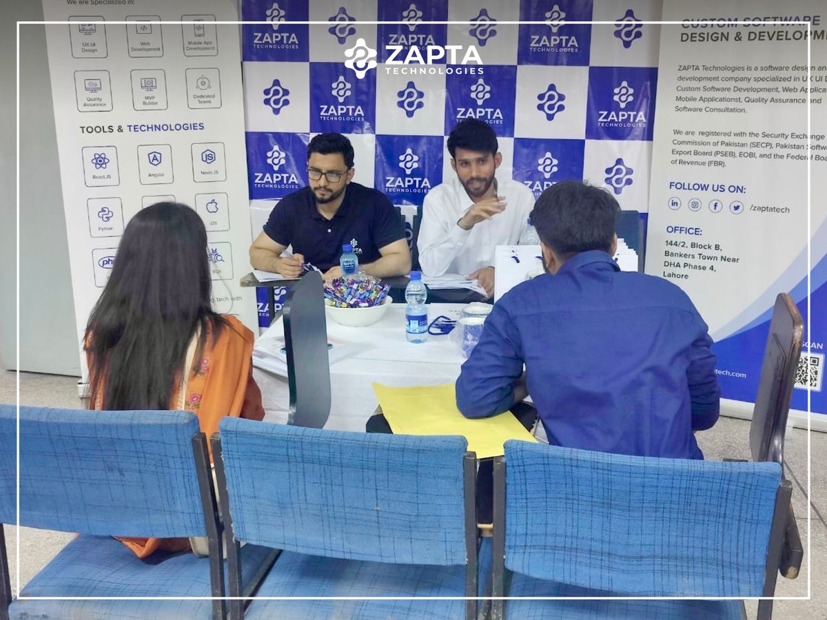 ZAPTA Technologies (Pvt.) Limited at the 𝐀𝐧𝐧𝐮𝐚𝐥 𝐉𝐨𝐛 𝐅𝐚𝐢𝐫 2023 at University of the Punjab. ⭐🚀
 
#ZAPTATechnologies #campusvisit #JobFair #TalentUnleashed #CareerOpportunities #EnthusiasticStudents #CareerProspects #CampusVibes #CareerConnections #CareerGrowth