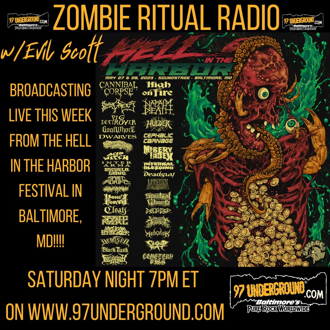 We will be broadcasting #Live all weekend from the #HellintheHarbor festival with The Phantom, Derek from @MetalMission97 and Evil Scott including a special @ZombieRitual97 on Saturday at 7pm ET! Tune in and get heavy from #Baltimore @BmoreSoundstage