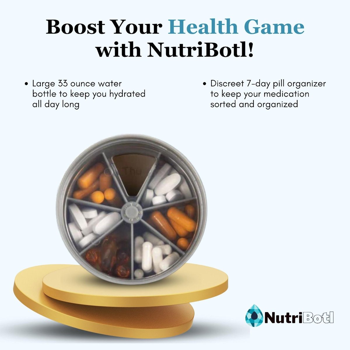 nutribotl's tweet photo. Revolutionize your supplement game with NutriBotl, the ultimate health companion. This ingenious water bottle, equipped with a hidden 7-day pill organizer, takes simplicity to a whole new level.

Place your order today at https://t.co/821KdFX61D\
.
#NutriBotl #Supplements https://t.co/RNgrCS5UvK