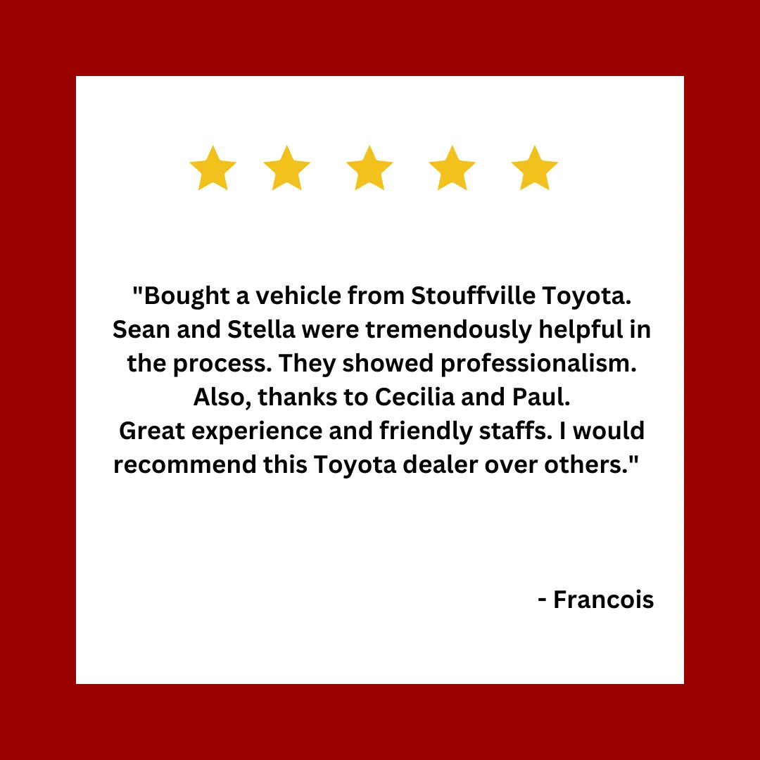 Thank you to Francois, for this kind google review! We appreciate the positive feedback! 
#StouffvilleToyota #GoogleReview #KindWords