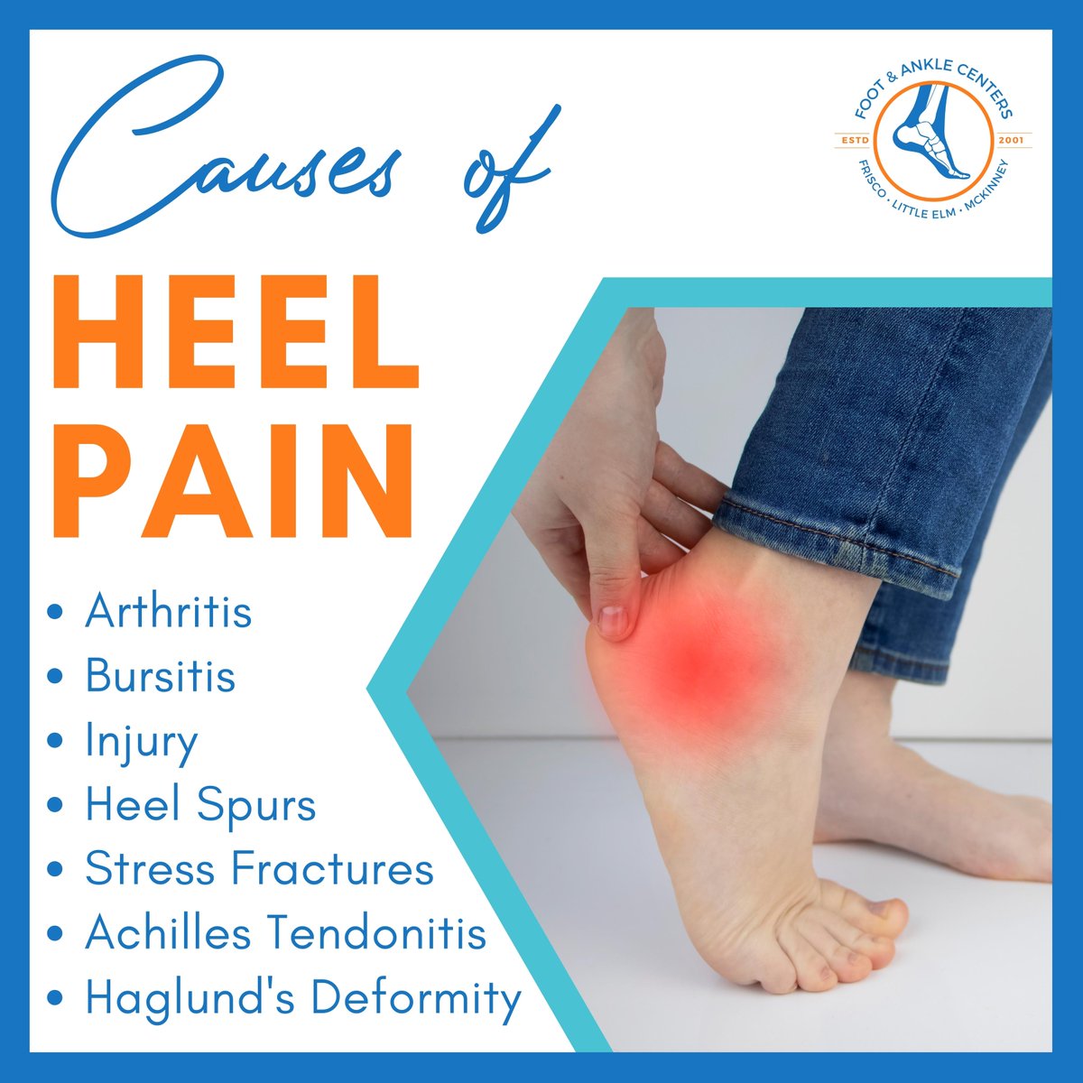 Heel pain can be caused by an underlying problem, such as:
Achilles tendonitis
Arthritis
Bursitis
Heel spurs
Stress fractures
Injury
Haglund's deformity

#heelpain #heelpainsymptoms #foothealth #footcare #footandankle #frisco #texas #mckinney #littleelm #podiatrist