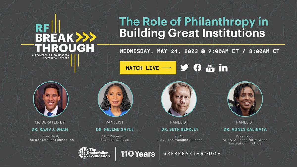 I will be moderating a live #RFBreakthrough with @helenegayle @GaviSeth @Agnes_Kalibata to discuss how philanthropy can bridge the gap between public and private sectors, focusing on #publichealth, #foodsecurity, and #education. #RFis110 Tune in now: rockfound.link/3oilSvH