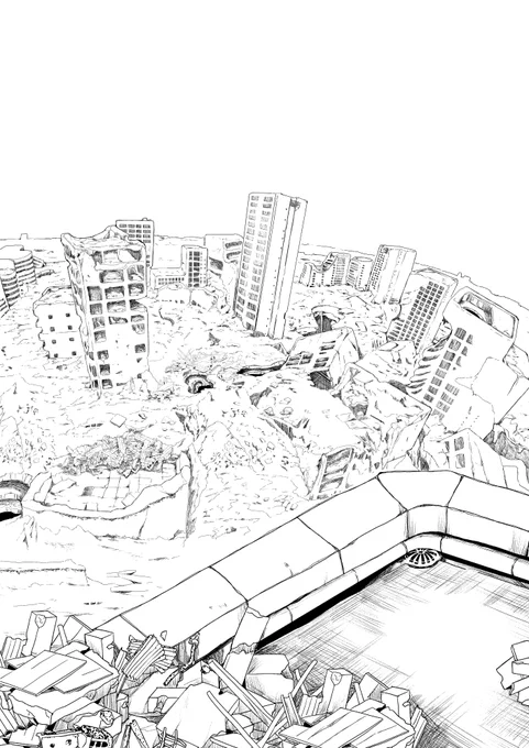 廃墟?廃都市?漫画描きたい欲があるので練習4h...素材に振り回されるしまだパース定規は分かりません。まぁそのうち上手くなんだろ…