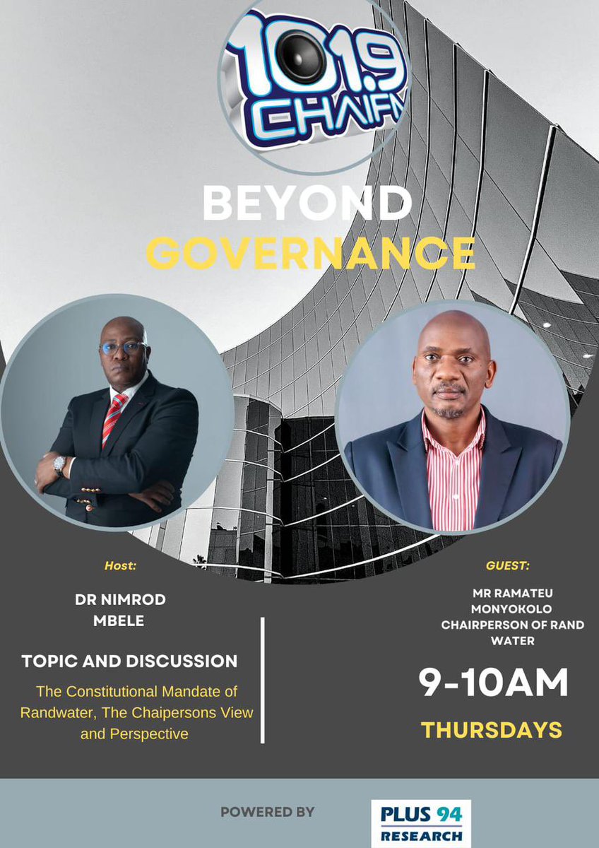 Rand_Water's tweet photo. Dr. Nimrod Mbele will be in conversation with the Chairperson of the Rand Water Board Mr. Ramateu Monyokolo between 9-10 on @chaifm tomorrow discussing the constitutional mandate of Rand Water from the Chair’s perspective. 

#RandWater #120YearsofExcellence #FindingNewWays [NS] https://t.co/M2rN2ve5Rv