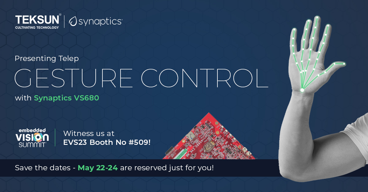 TeksunInc's tweet image. It&apos;s happening at the Santa Clara Convention Center on May 22-24, 2023!

This #innovativesolution empowers you to control essential functions using hand gestures effortlessly.

#EVS23 #TelepGestureControl #SynapticsVS680  #FutureTechnology #NextGenInteraction #CuttingEdgeTech
