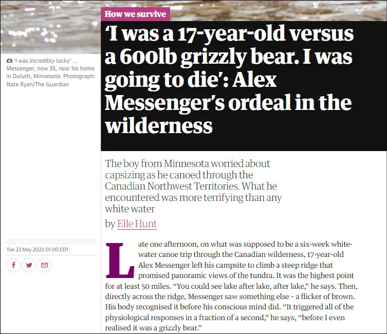 BlackstoneAudio's tweet photo. This grizzly article just gave us the scoop! Check out the @guardian 's recent feature on @AMessengerPhoto, author of #THETWENTYNINTHDAY ! The interview chronicles Alex's harrowing encounter with a 600lb grizzly bear &amp; more!📰 https://t.co/D7WTvlO0Wm 
🐻👉https://t.co/oPQUCBGncp https://t.co/wo46z0Y5Ei