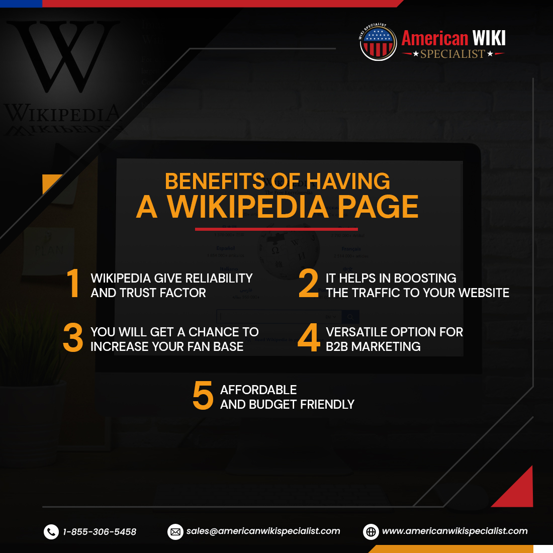 american_wiki's tweet photo. Learn the benefits of having a Wikipedia page and contact American Wiki Specialist to get yours.

#AmericanWikiSpecialist #wikipediapage #reliability #trustfactor #websitetraffic #B2Bmarketing #wikipedia https://t.co/yYcU19uxf7