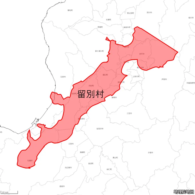 日本最大の村・留別村と札幌、東京、名古屋、大阪とを比較してみた。