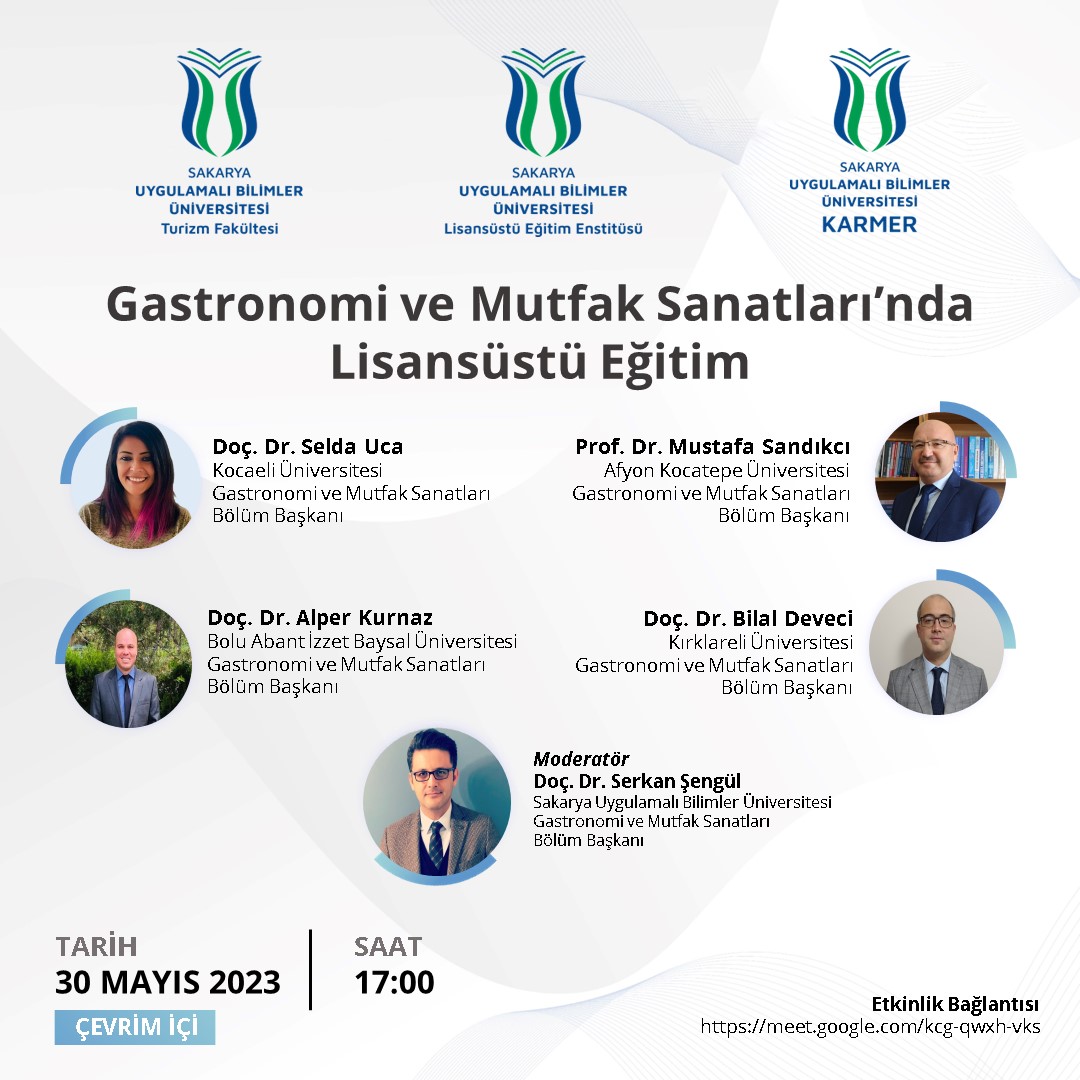 Lisansüstü Eğitim Enstitüsü Gastronomi ve Mutfak Sanatları Anabilim Dalı "Gastronomi ve Mutfak Sanatları'nda Lisansüstü Eğitim" başlıklı çevrim içi etkinlik düzenleyecektir. Etkinliğe tüm öğrencilerimiz davetlidir.

🔗 meet.google.com/kcg-qwxh-vks