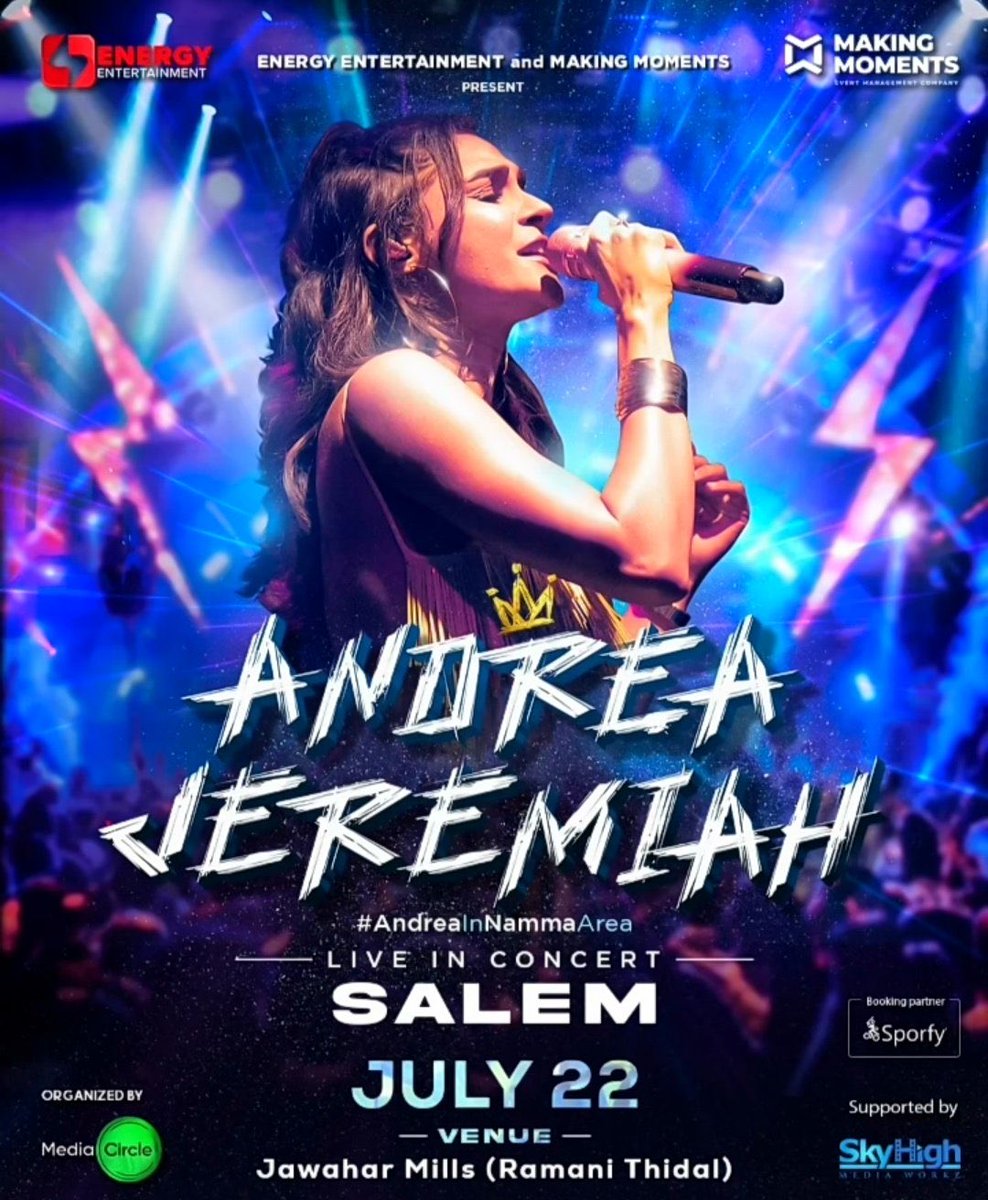 Karthikravivarm's tweet photo. Another Big one @andrea_jeremiah Concert Namma Salem la 

July 22nd at Jawahar Mills by @mediacircle_ https://t.co/AIzfdIHb4J
