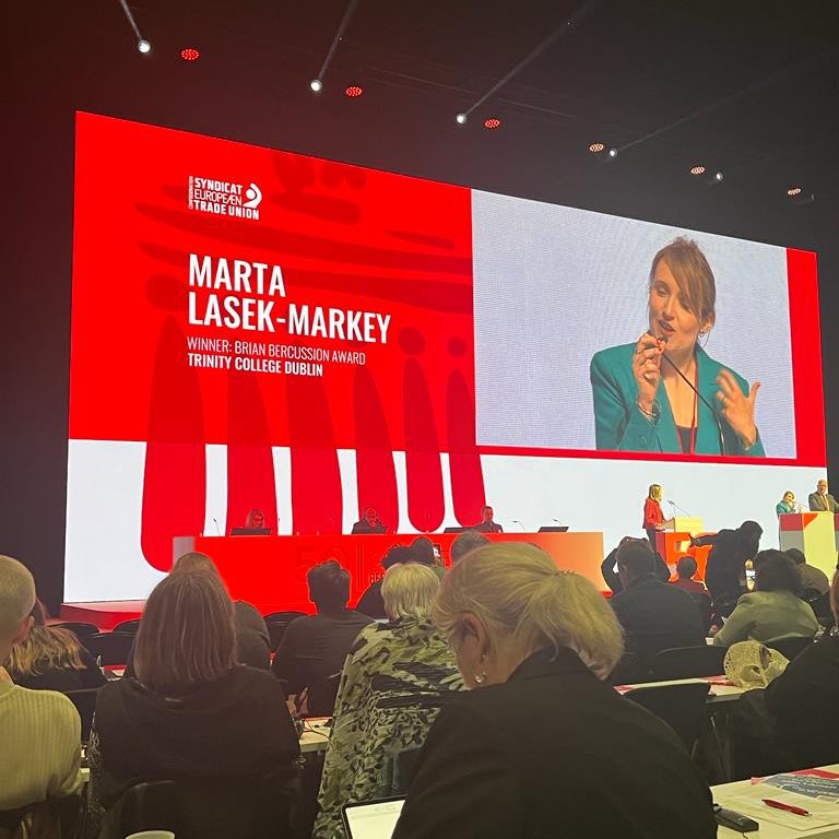 INMO_IRL's tweet photo. Congratulations to @tcddublin’s @MartaMarkey for winning the Brian Bercussion award at #ETUC50 for her research into posted workers and precarious work. https://t.co/NVtixbBswP