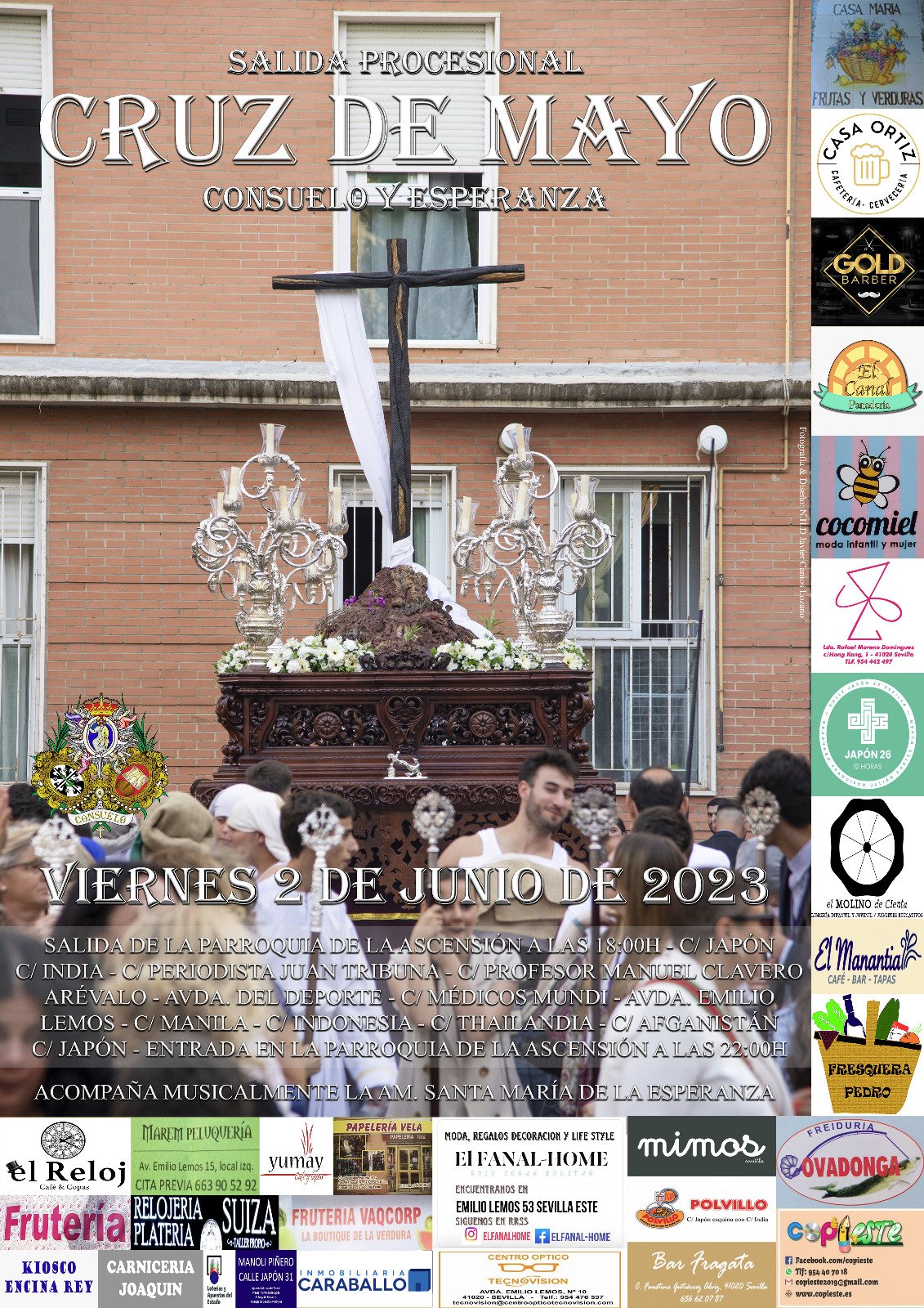 Horario e Itinerario Salida procesional de la Cruz de Mayo de Consuelo y Esperanza. Sevilla 02 de Junio del 2023