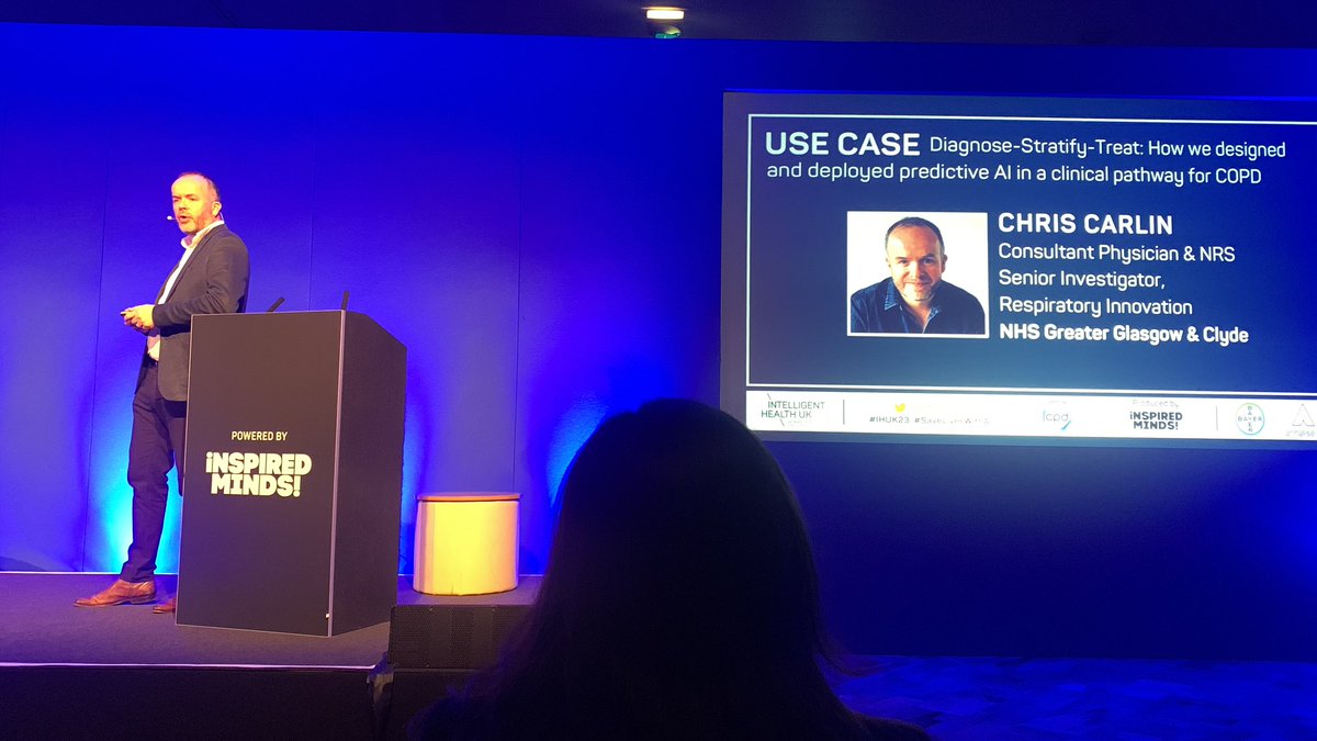 DaniCollinsRN's tweet image. Professor Chris Carlin presenting @IntHealthAI deploying predictive AI in clinical pathway for COPD at Glasgow #SaveLivesWithAI #artificalintelligence @NHSDigital #IHUK23
