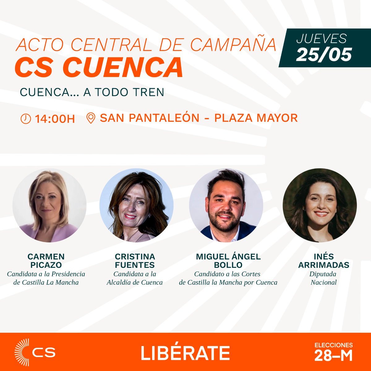 Acto final de campaña de <a href="/cs_cuenca/">Ciudadanos de Cuenca</a> mañana a las 14:00h.

A nuestra candidata a la alcaldía por Cuenca @cristina_elena_fuentes  le acompañarán @inesarrimadas  y @carmen picazo.
Estará también @miguelbollo_cs , candidato a las Cortes de Castilla-La Mancha por #Cuenca .