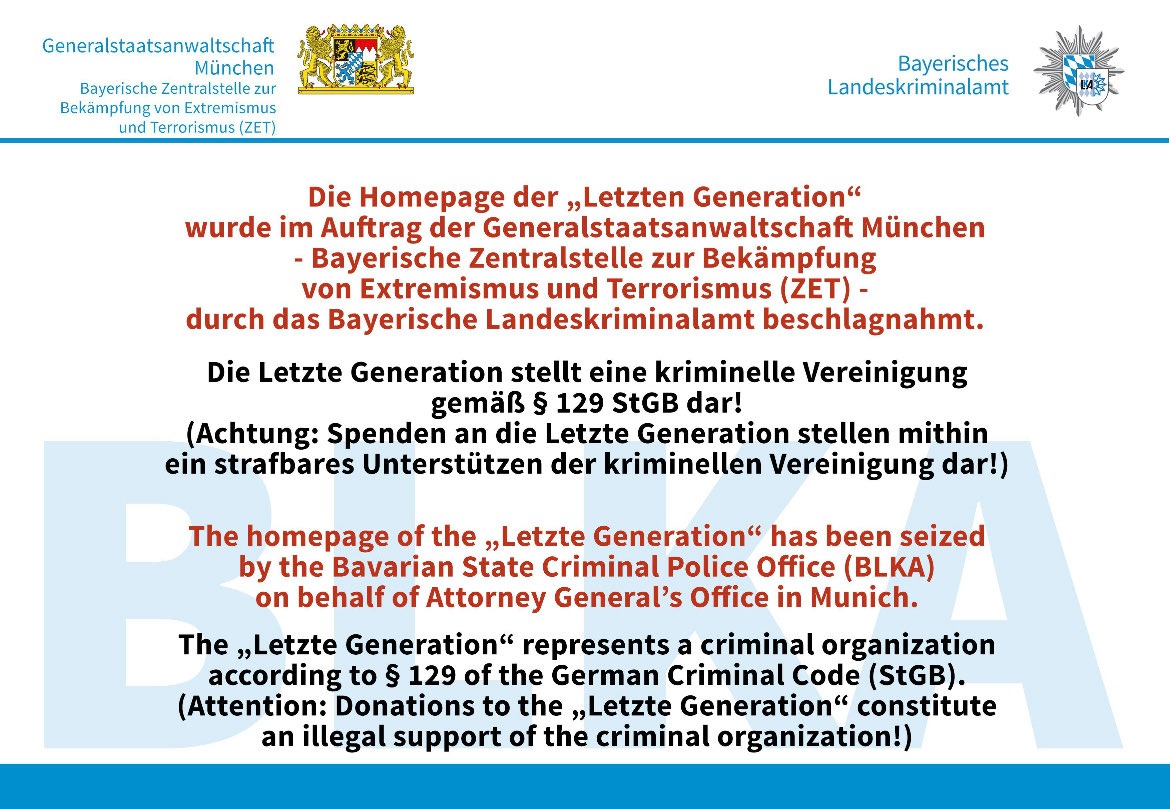 b_riexinger's tweet photo. Von Gewaltenteilung scheint man in Bayern nicht viel zu halten. Dieser Hinweis wurde wohl vom Bayrischen LKA auf die Webseite der #LetzteGeneration gestellt. Hier findet eine staatliche Vorverurteilung statt. Das nennt sich dann politische Justiz. https://t.co/7CV6GbIhSn