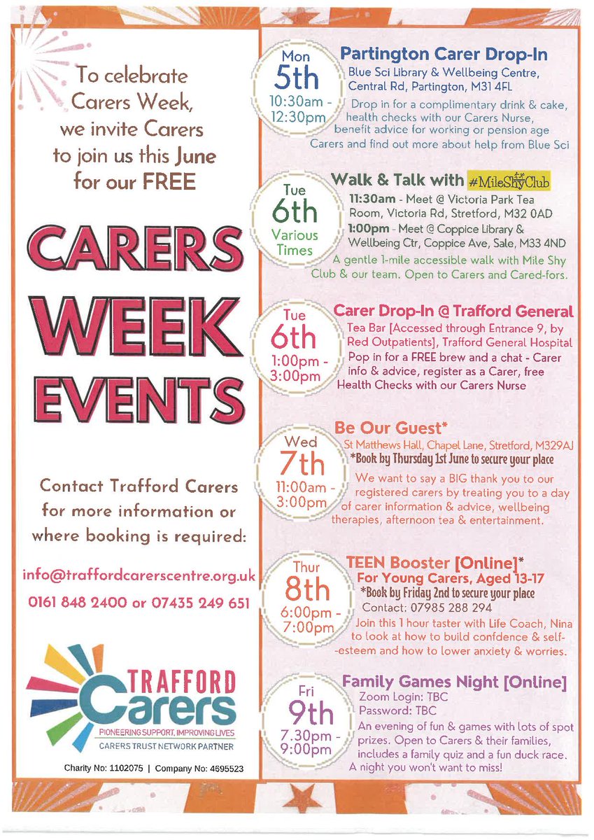 TraffordSENDIAS's tweet photo. Carers Week is quickly approaching, and we think our carers deserve a big celebration! We are inviting all our registered carers to join our activities and events and have a smashing time! https://t.co/X1I6lZbUwY