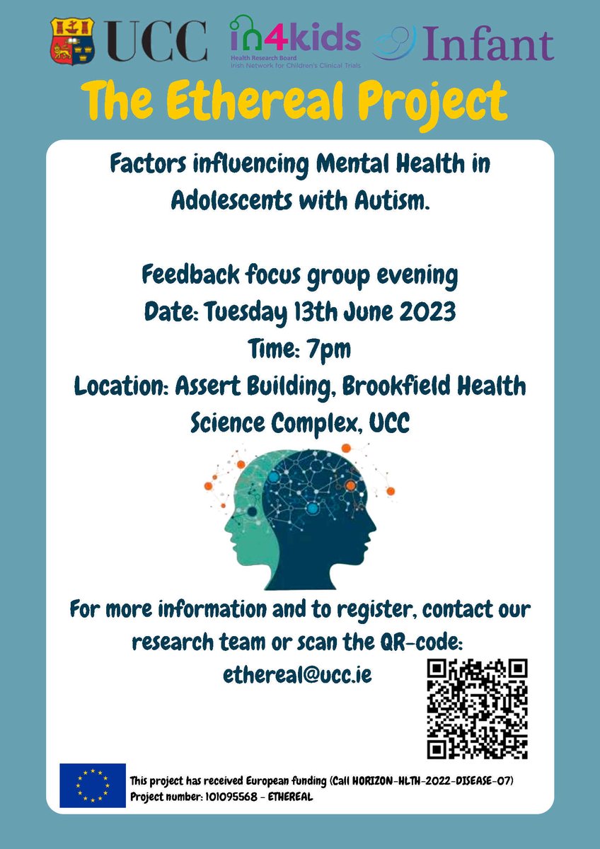 INFANT Centre (@infantcentre) on Twitter photo Join us at our ETHEREAL project stakeholder evening on 13th June!
We are looking for feedback from parents, patient representatives or other care providers for the development of a Personal Digital Nurse app for autistic adolescents to help prevent mental illness.
<a href="/in4Kids_ie/">HRB Irish Network for Children's Clinical Trials.</a> Join us at our ETHEREAL project stakeholder evening on 13th June!
We are looking for feedback from parents, patient representatives or other care providers for the development of a Personal Digital Nurse app for autistic adolescents to help prevent mental illness.
<a href="/in4Kids_ie/">HRB Irish Network for Children's Clinical Trials.</a>