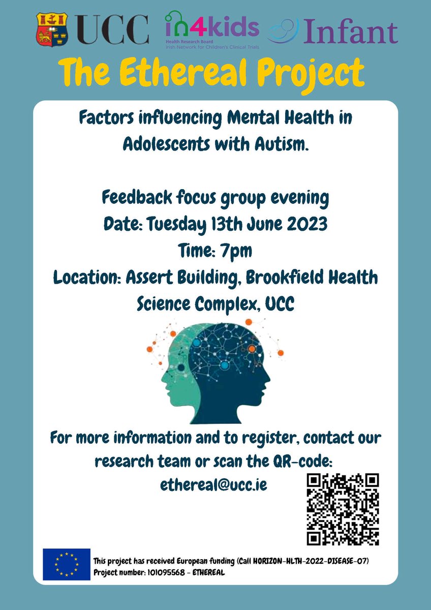 Join us at our ETHEREAL project stakeholder evening on 13th June! We are looking for feedback from parents, patient representatives or other care providers for the development of a Personal Digital Nurse app for autistic adolescents to help prevent mental illness. @in4Kids_ie