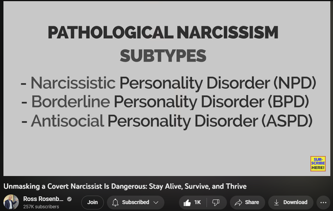 Unmasking a Covert Narcissist Is Dangerous: Stay Alive, Survive, and Thrive
https://www.youtube.com/watch?v=_Jy_M5vqj5o
16,756 views  22 Apr 2023  #abuse #grief #covertnarcissist
This video is a follow-up to Ross Rosenberg's viral video, "When You Unmask a Covert Narcissist, RUN, But Quietly!" which has over three million views and explains why unmasking a covert narcissist is dangerous.

Covert narcissists thrive by pretending to be something they are not. They pretend to be altruistic, kind, and codependent. They get what they need out of life by creating a false self. Simultaneously, they hurt people in their most intimate relationships by behaving pathologically narcissistic behind the scenes.

But what should YOU do if you have found yourself in a relationship with a covert narcissist?

Watch the first video here:   

 • When You Unmask a...  

ABOUT ROSS ROSENBERG
Ross Rosenberg, M.Ed., LCPC, CADC is a psychotherapist, educator, expert witness, and celebrated author. He is also a
