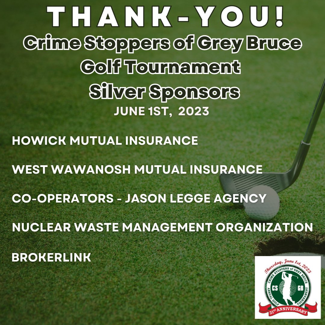 The Crime Stoppers of Grey Bruce Golf Tournament is happening June 1st &amp; we wish to thank our Silver Sponsors! More Sponsor recognition to come! ⛳ 
#CSGBGolfTournament2023 #SilverSponsors #Thankyou