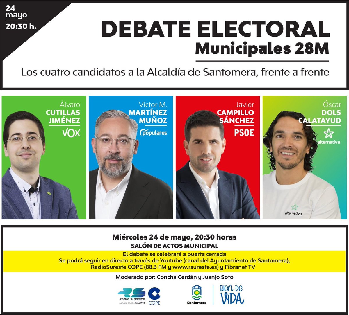 Victor_MarMu's tweet image. ¡Esta noche debate electoral en #Santomera! #PuedesConfiar 

ℹ️➡️ Síguelo en directo a partir de las 20:30 en este enlace youtube.com/live/vJ_BclI4_…