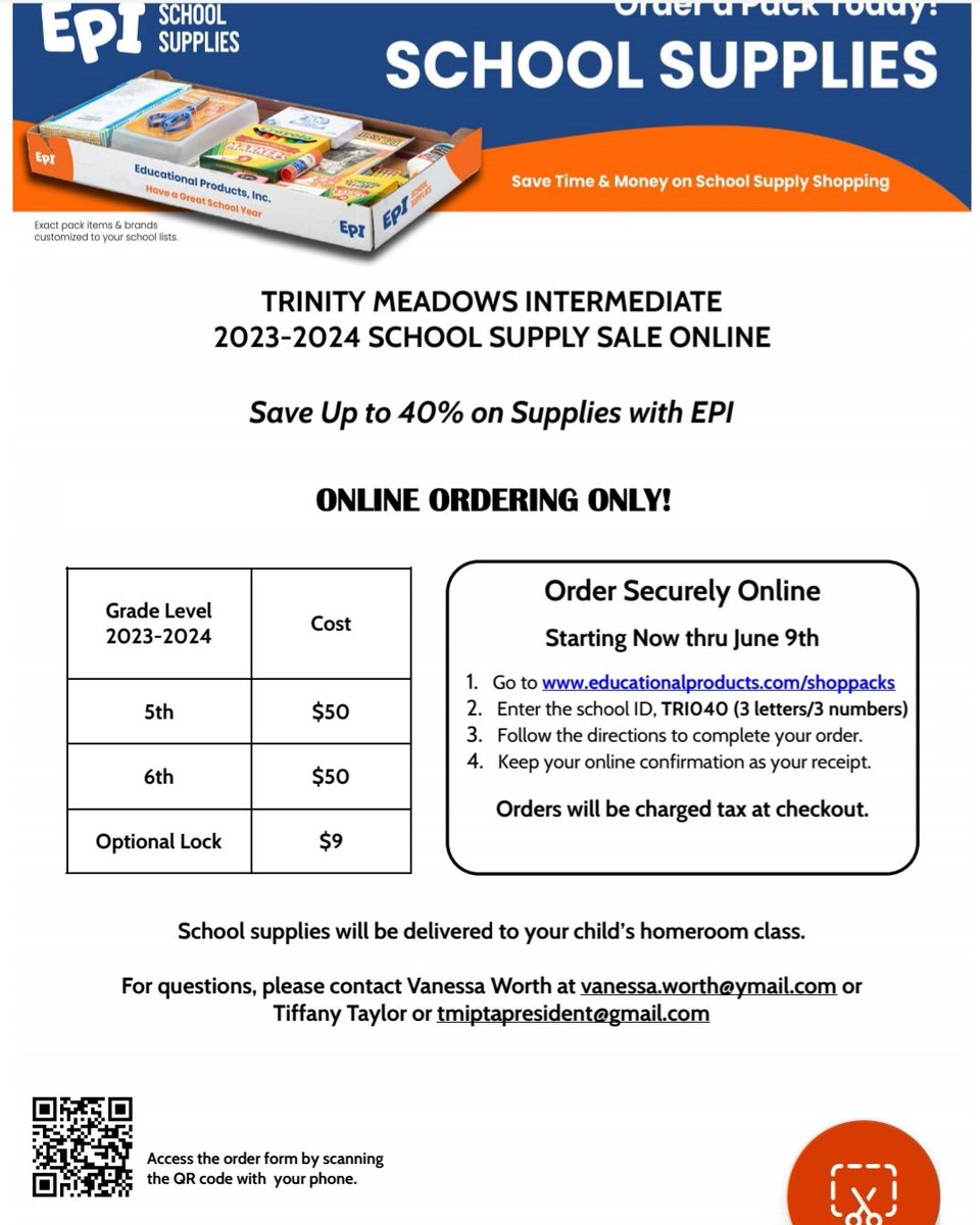 Hey current and future Mustangs!  Don't forget to order your school supplies for next year and skip the hassle.  Order by June 9th for reduced prices.