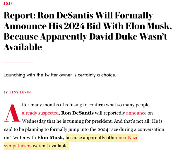 There's a 0.1% chance I'm voting DeSantis (I might fill in the wrong circle by mistake), and I'm not a Musk fan, but suggesting the two men are Klansmen is awful. All the Left's enemies are Nazis, while the Right's are Communists. We live in dumb times.
vanityfair.com/news/2023/05/r…