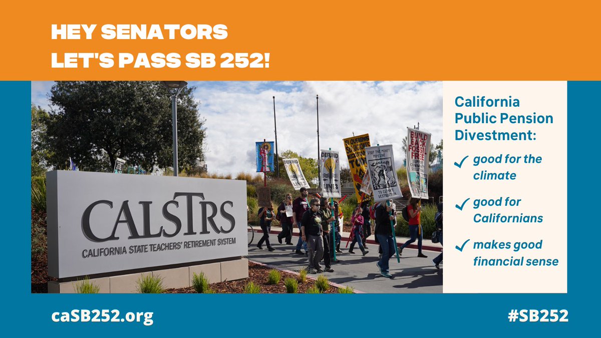 ClimatePensions's tweet photo. This is it. This is our moment. #SB252, which will divest California’s public pensions from fossil fuels, is headed to a Senate floor vote. Call your Senator today and tell them to vote yes!
Click here to call your Senator today: https://t.co/s6jw4zxnFe https://t.co/Wu9mP8MRrB