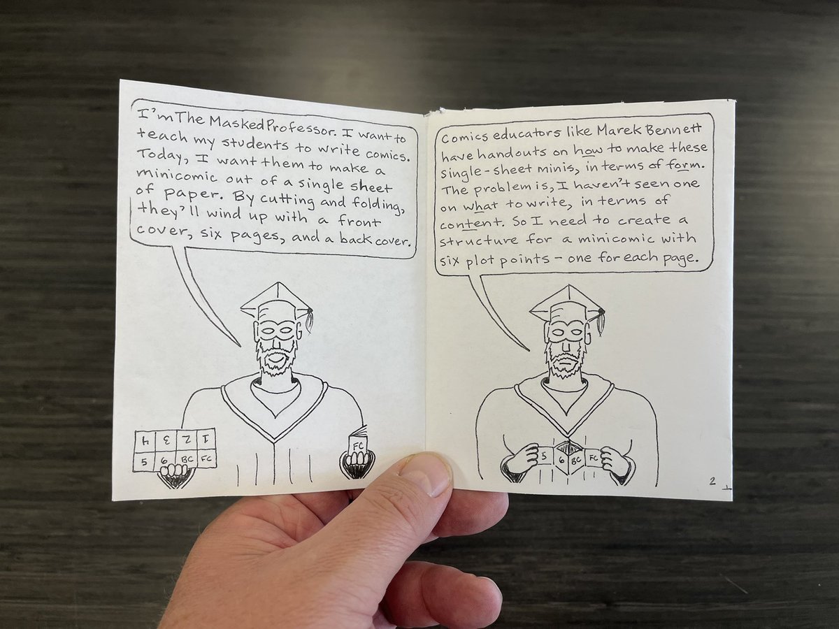 TheShortCourse's tweet image. Wednesdays new comic: A third installment of “The Masked Professor Presents.” Mastered the old trick of turning a single sheet into an eight-page #minicomic with only one cut and a handful of folds. Here, I suggest a structure for minicomic content for my students to try. #comics