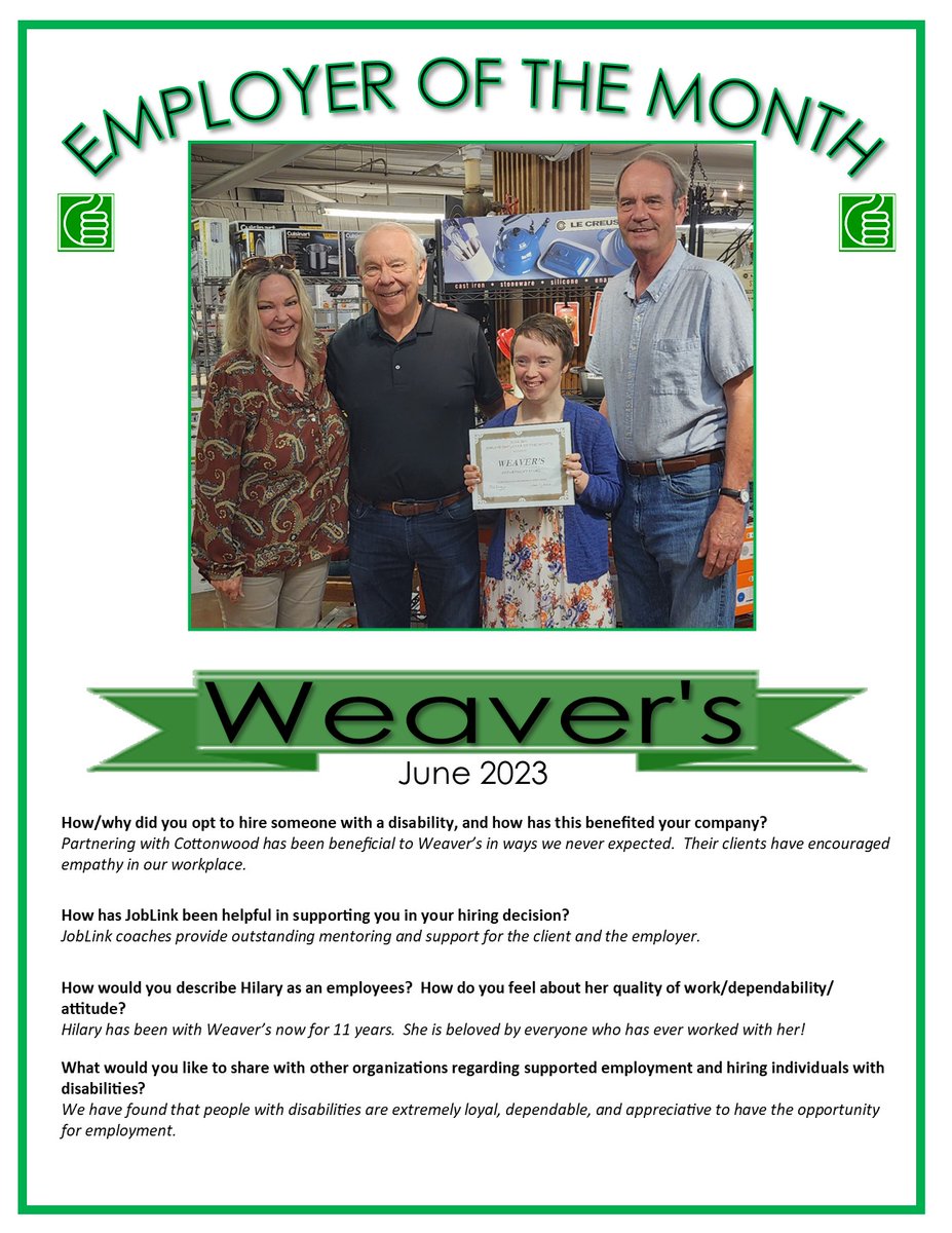 cottonwood_inc's tweet photo. Congratulations @Weavers1857! We appreciate your partnership!
#lawrencejobs #joblink #employmentfirst #supportedemployment #vocationalrehabilitation #customizedemployment #inclusion #diversity​​​​​​​​
#community #lawks #lawrencekansas https://t.co/5lnATUqHd9