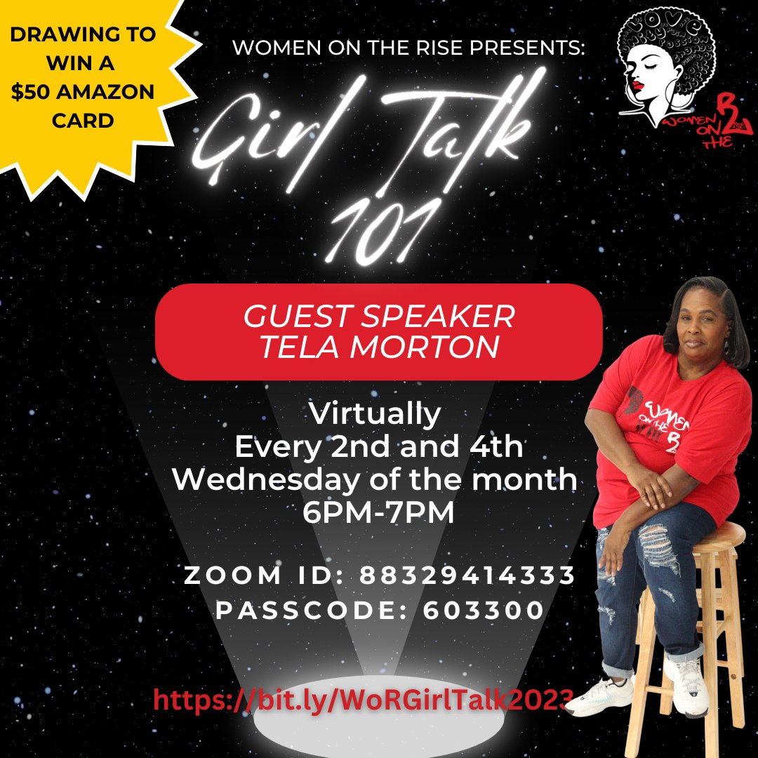 Join us tonight for Girl Talk with Women on the Rise's Reentry specialist, Tela Morton. There also will be a chance for you to win a $50 gift card! Tune in at 6pm TONIGHT!
