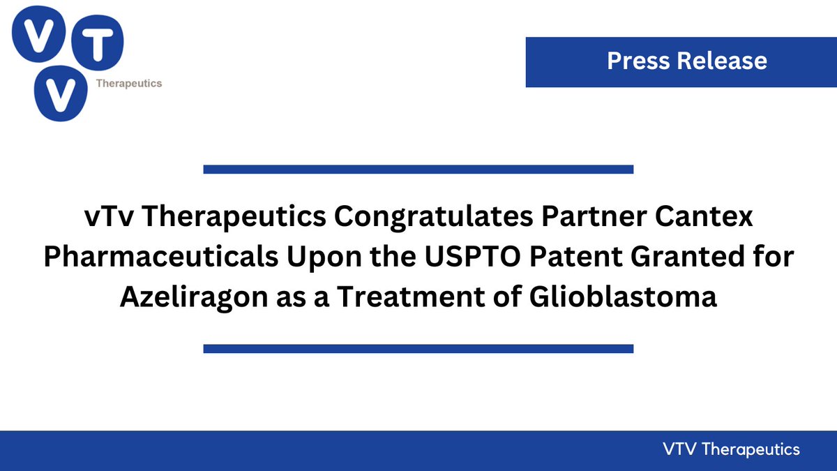 Great news! Our partner #CantexPharmaceuticals received a #patent for the use of #azeliragon as a treatment of #glioblastoma! Read the full news release here: tinyurl.com/373enbpk