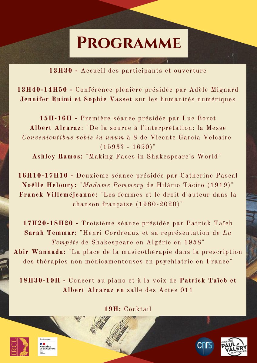 La Journée des Doctorants 2023 de l'IRCL aura lieu mardi après-midi et se clôturera en musique avec un concert au piano et à la voix de Patrick Taïeb et Albert Alcaraz 🎶

Rdv le 27 juin à 13h30 à l'auditorium ou sur zoom (lien à demander : alice.marion-ferrand@univ-montp3.fr)