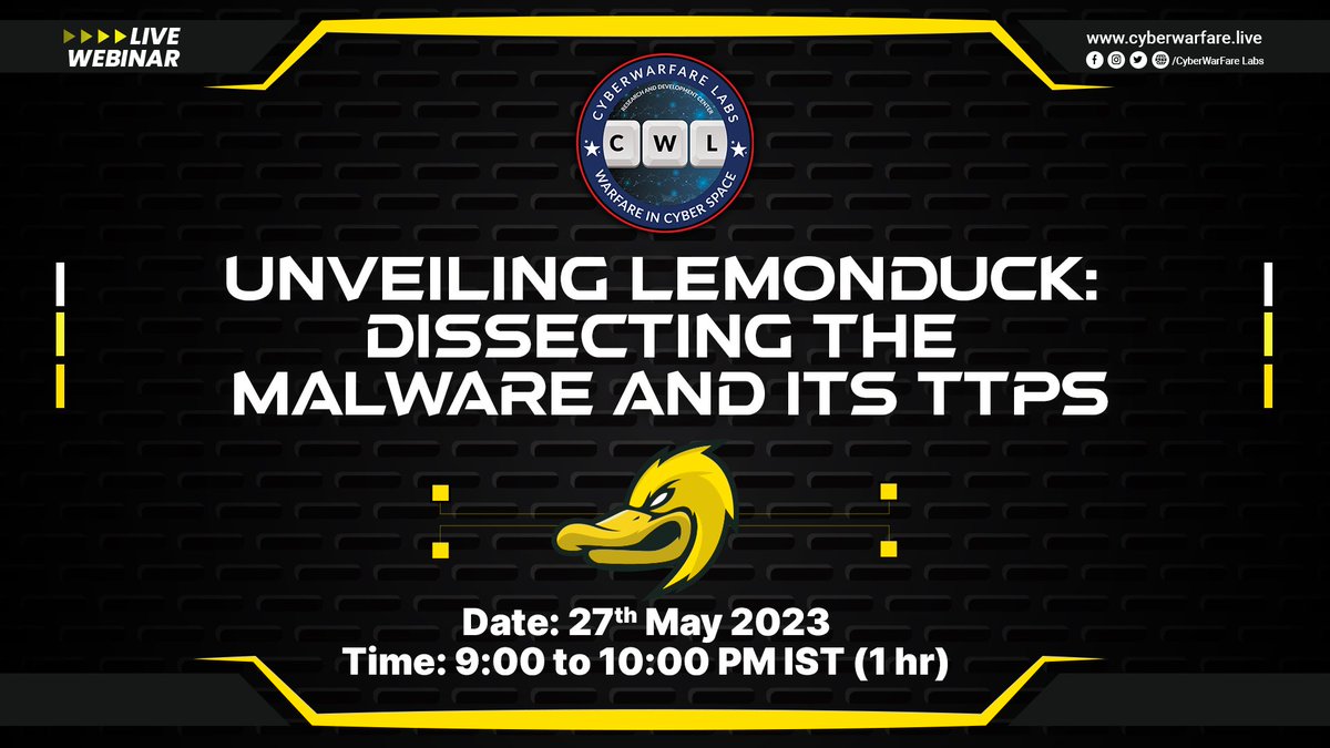 cyberwarfarelab's tweet photo. 📢 Join us for the exclusive webinar on "Unveiling LemonDuck: Dissecting the Malware and its TTPs"! 📢

👉 Reserve your FREE seat now: 
https://t.co/BAmmHRWG8F

📅 Date: 27th May, Saturday
⏲ Time: 9:00 PM - 10:00 PM IST
⏳ Duration: 1 Hour

#webinar #LemonDuck #Cyberwarfarelabs https://t.co/qNqKedkfhT