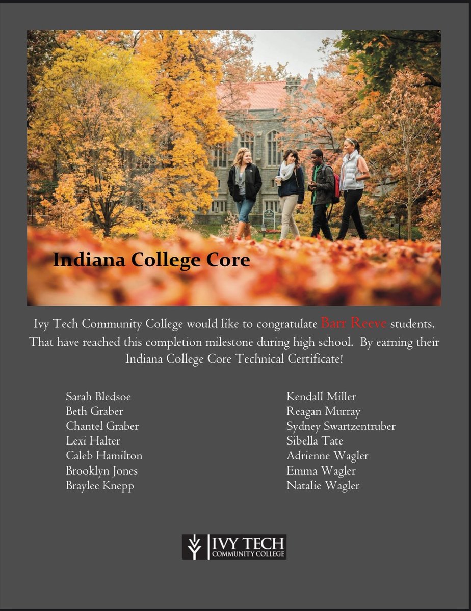 Congratulations to the following Seniors who have achieved the Indiana COLLEGE CORE 30!!