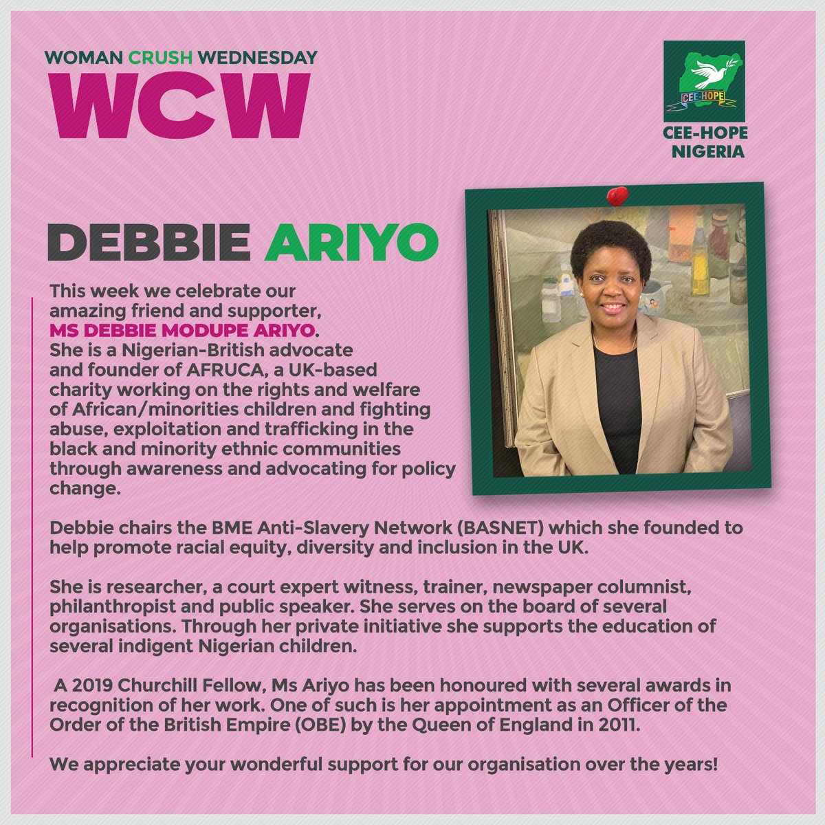 We are extremely excited to celebrate a great personality, Nigerian-British anti-trafficking advocate, Ms. @DebbieAriyo OBE, founder of @afruca & @BMEAntislavery BASNET as our #WomanCrushWednesday. 
We deeply appr your work for Humanity & support for us over d years.
Thank u! 🌹