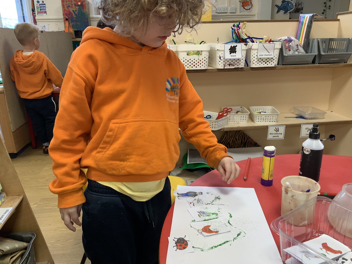RDPSNursery's tweet image. Today we used glitter to show the movement of the ladybird whispering her plan into each animals ear, just like in the ‘What the Lady Bird Heard’ illustration 🐞✨
#RDPSNursery #miniillustrators #EYFS #ExpressiveArtandDesign #Exploringmediaandmaterials #Whattheladybirdheard