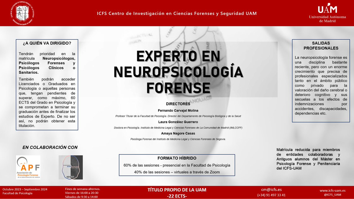 ICFS (@icfs_uam) on Twitter photo ¿Sabías que el Título de Experto en #Neuropsicología Forense ofrece modalidad de matrícula reducida a los siguientes colectivos?
- Asociados de la <a href="/APsiForenses/">Asoc. de Psicología Forense</a>
- Asociados de <a href="/Neuropsiforense/">SENJYF Neuropsiforense</a>
- Antiguos alumnos del Máster en Psicología Forense y Penitenciaria del ICFS-UAM ¿Sabías que el Título de Experto en #Neuropsicología Forense ofrece modalidad de matrícula reducida a los siguientes colectivos?
- Asociados de la <a href="/APsiForenses/">Asoc. de Psicología Forense</a>
- Asociados de <a href="/Neuropsiforense/">SENJYF Neuropsiforense</a>
- Antiguos alumnos del Máster en Psicología Forense y Penitenciaria del ICFS-UAM