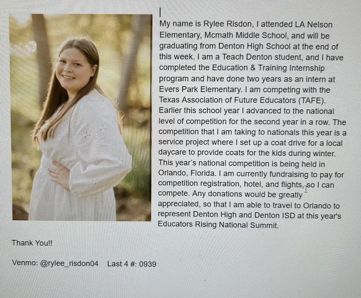 One of our amazing Teach Denton interns will be competing at Nationals this summer in Orlando, Florida. She has to fundraise to pay for her to attend and compete. If you would like to donate I know she would be extremely grateful! ##growourown <a href="/LaGroneAcademy/">LaGrone Academy</a> <a href="/ATC_EdNTraining/">DISD Ed & Training</a>
