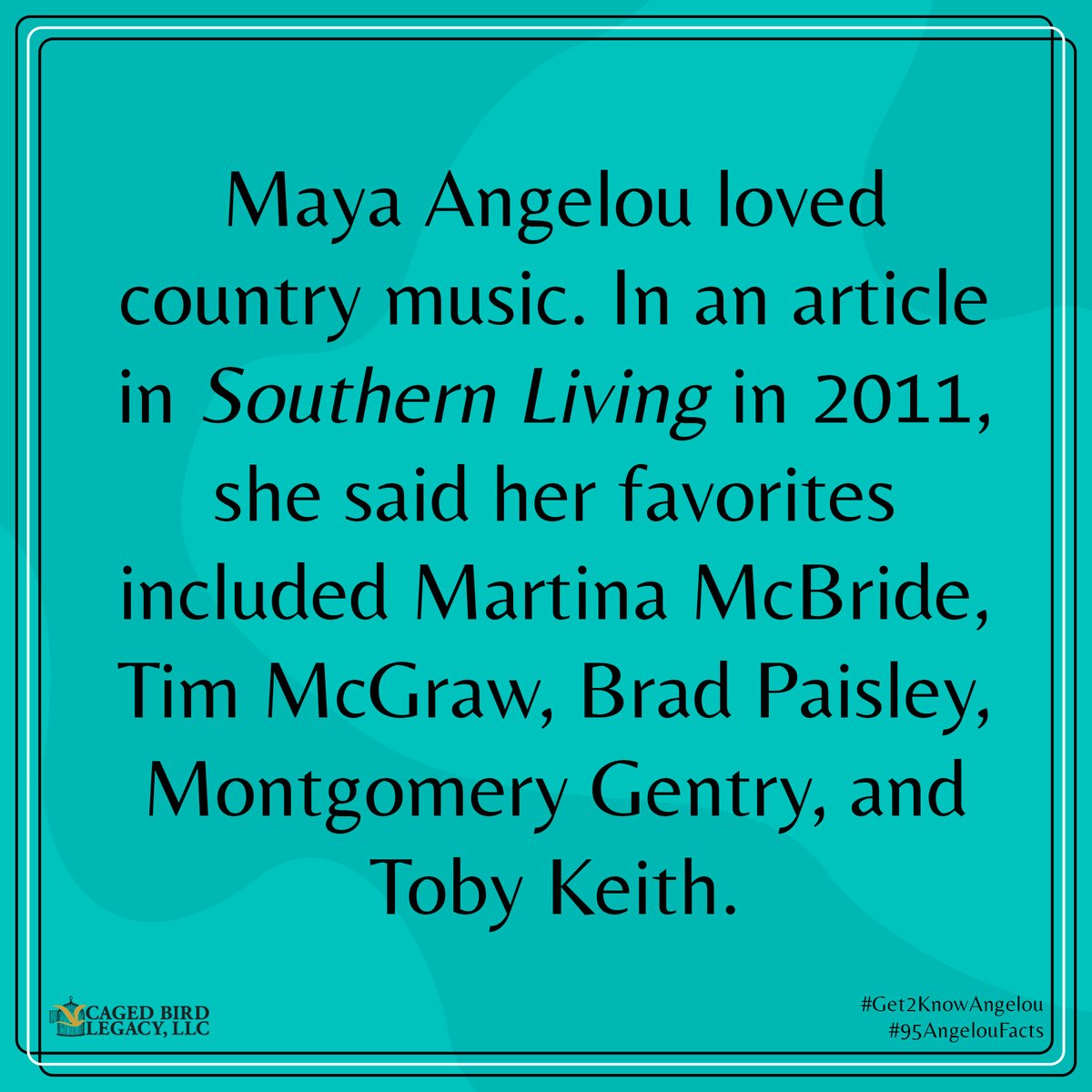 'Music was my refuge. I could crawl into the space between the notes and curl my back to loneliness.' #MayaAngelou Her favorites were @martinamcbride, @TheTimMcGraw, @BradPaisley,  @mgunderground, @tobykeith. -The Estate of Dr. Maya Angelou #CelebrateAngelou95 #95AngelouFacts