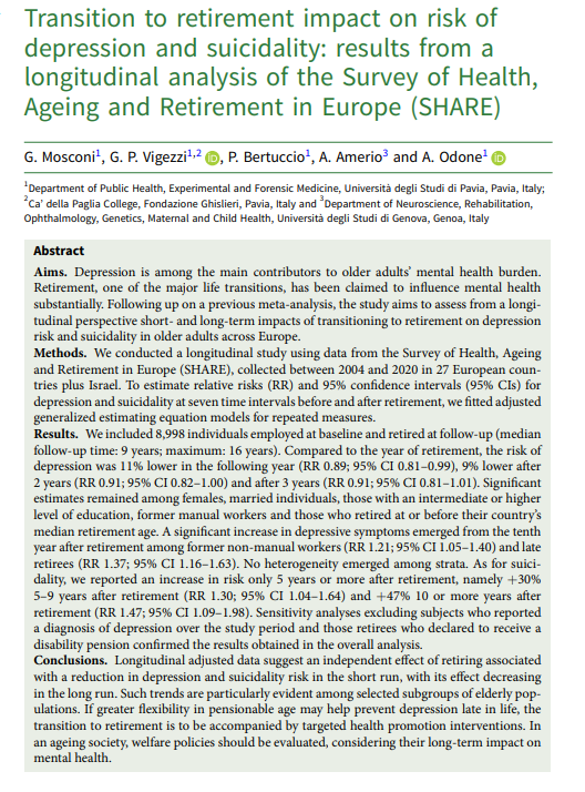 EpiPsychSci's tweet photo. Does retirement trigger the risk of #depression and #suicide? @SHARE_MEA data suggest an independent and protective effect of retiring on depression and suicidality risk in the short run, with its positive effect decreasing in the long run.
👇
https://t.co/qOVwXS4Xio
@giansantom https://t.co/bYjC75DWcZ
