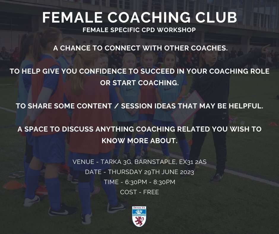 We're running a FREE Female Specific CPD Workshop in Barnstaple on Thursday 28th June 😁

For any queries, please email - daniel.dixon@devonfa.com 📩

Sign-up now ➡️ bit.ly/3BSs7cR

#DevonFootball
