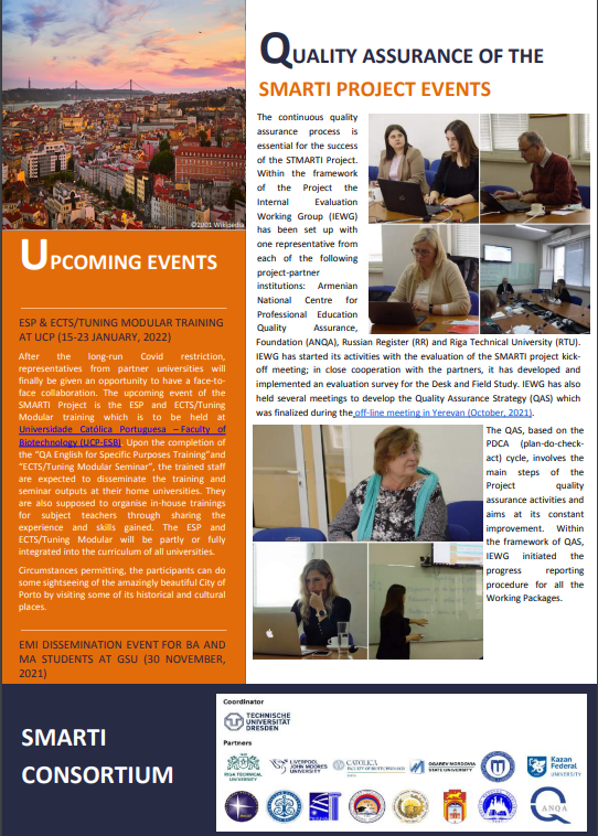 👉 SMARTI Newsletter Armenia | Issue 1 | November 2021 | English version 

#TUD #RTU #LJMU #UCP #MRSU #INRTU #KFU #PetrSU #RR #PAARA #VSU #ANAU #SUSh #GSU #ANQA #erasmusplus #europe #russia #armenia #consortium #team #emi #smarti #english #teaching #training #capacitybuilding