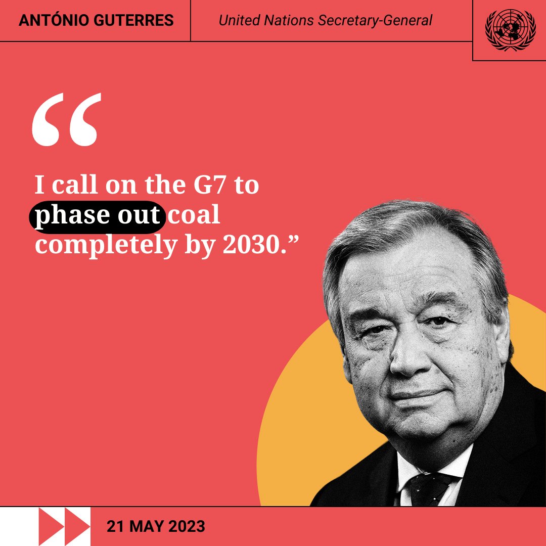 At the recent G7 summit, UN Secretary-General António Guterres called for 'faster timelines to phase out #FossilFuels and ramp up renewables.' 

#ClimateCrisis | #COP28