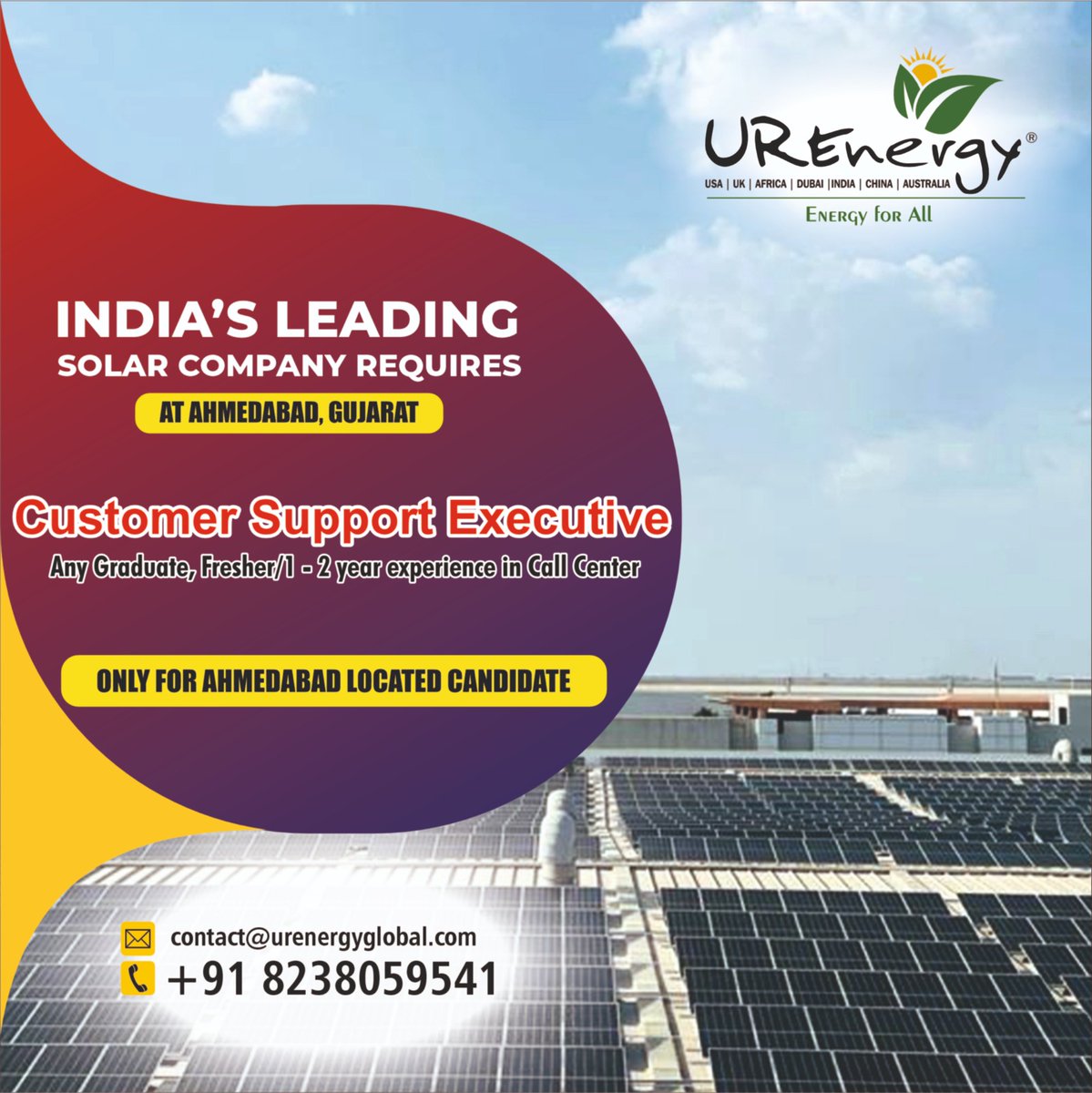 UREnergyGlobal's tweet photo. Email Us : 𝐜𝐨𝐧𝐭𝐚𝐜𝐭@𝐮𝐫𝐞𝐧𝐞𝐫𝐠𝐲𝐠𝐥𝐨𝐛𝐚𝐥.𝐜𝐨𝐦
Contact : +91 8238059541

#jobvacancy #hiring #opportunity #ahmedabad #gujarat #jobsearch #solar #solarcompany #topsolarcompany #Gujarat #helpinghands  #executives #customersupportexecutive #customerengagement #fresher https://t.co/KndaajzF1W