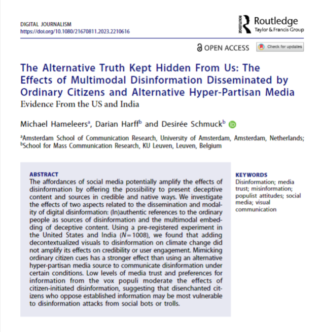ONLINE FIRST+OPEN ACCESS! What are the effects of multimodal elements on people's trust of disinformation? @Hameleers_M, @DarianHarff and @DesireeSchmuck conclude that imitating ordinary citizens has a greater influence than using hyperpartisan media. ➡️tandfonline.com/doi/full/10.10…