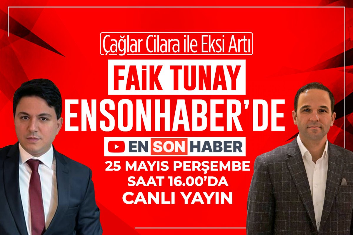 24.Dönem İstanbul Milletvekili, Demokrat Parti Genel Başkan Yardımcısı Faik Tunay, Ensonhaber YouTube kanalında Çağlar Cilara'nın sunduğu Eksi Artı programına 25 Mayıs Perşembe saat 16:00'da konuk olacak. Sorularınızı #EksiArtıSoru etiketine yazabilirsiniz. @caglarcilara…