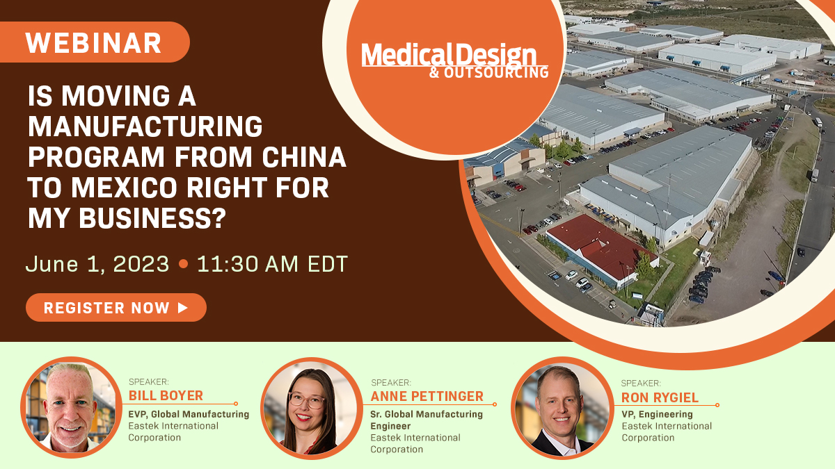 Medical Design & Outsourcing (@medtechdaily) on Twitter photo Thursday June 1st at 11:30AM, join members from <a href="/Eastek_CM/">Eastek International Corporation</a> who will detail about factors that are driving #manufacturing out of China & what makes Mexico a good alternative location for manufacturing.
REGISTER HERE: gateway.on24.com/wcc/eh/2927718… Thursday June 1st at 11:30AM, join members from <a href="/Eastek_CM/">Eastek International Corporation</a> who will detail about factors that are driving #manufacturing out of China & what makes Mexico a good alternative location for manufacturing.
REGISTER HERE: gateway.on24.com/wcc/eh/2927718…